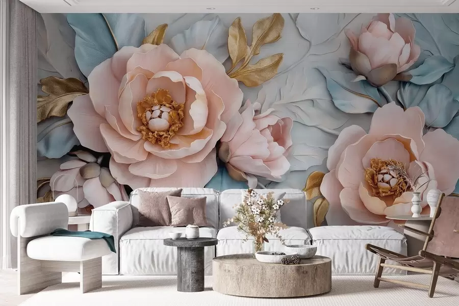 murales de pared Lujosos pétalos y peonías rosas en tonos azul y rosa pastel w01826