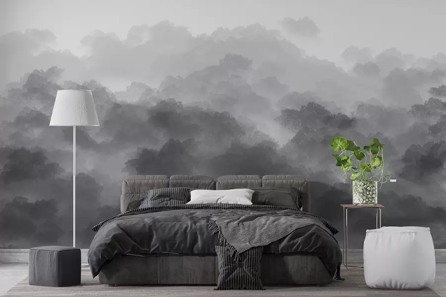 murales de pared Bosque en la niebla, paisajes de naturaleza, color gris w01880v3