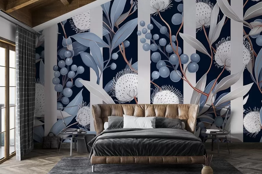 murales de pared Adorno de flores con bayas silvestres, vintage, colores azul y gris w01886