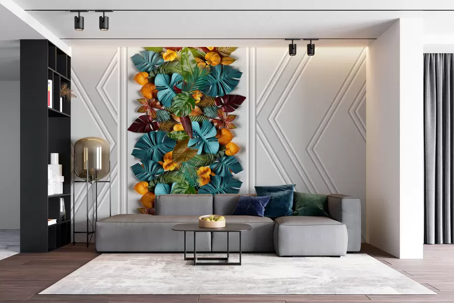 murales de pared papel pintado 3D con coloridas hojas tropicales y geometría sobre fondo gris w01876