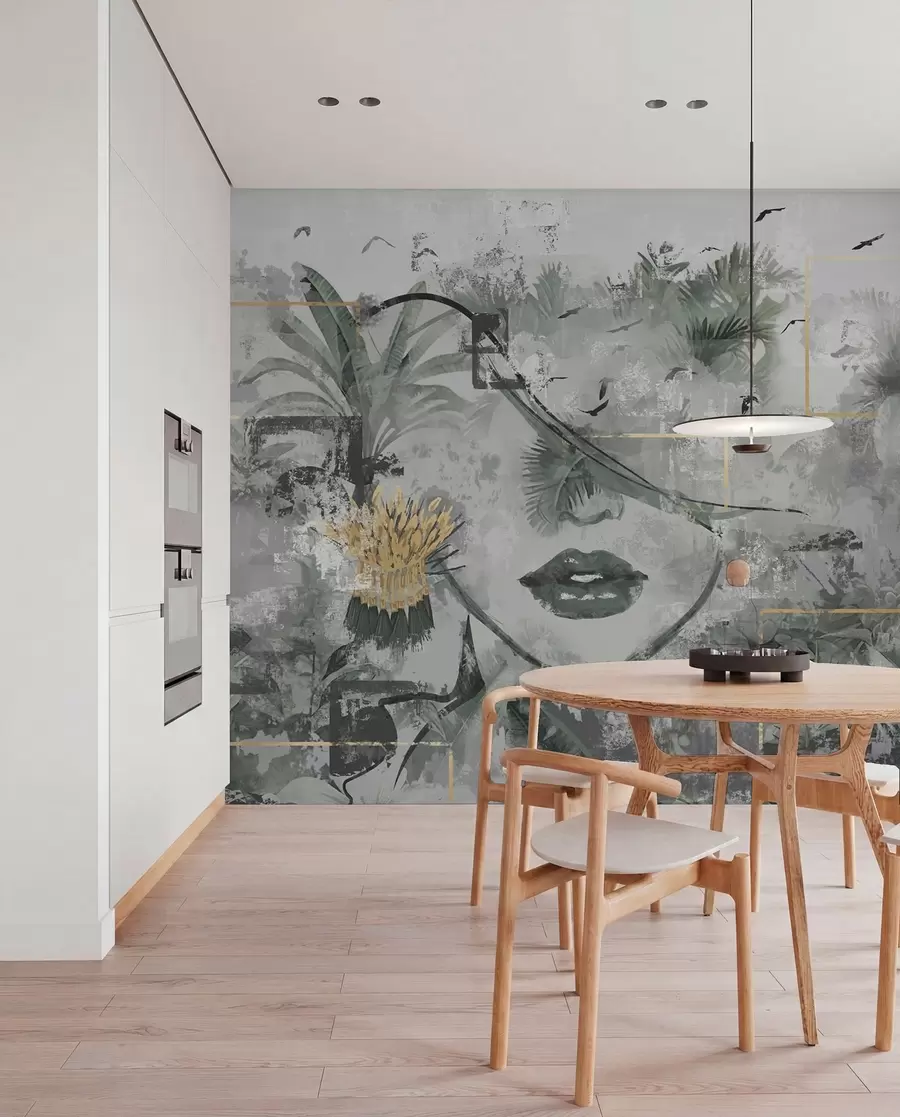 murales de pared Bosque tropical grunge y silueta de cara de niña w01916