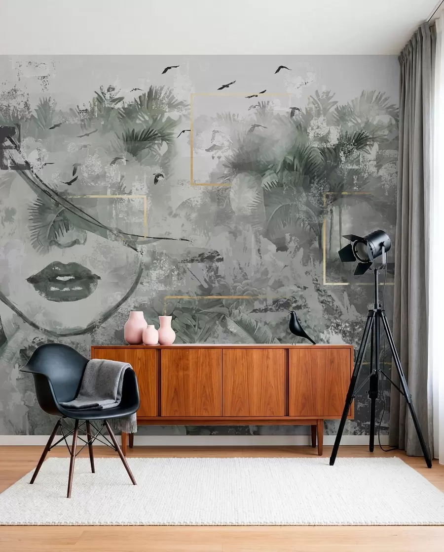 murales de pared Selva tropical grunge y silueta de la cara de una niña w01916d1