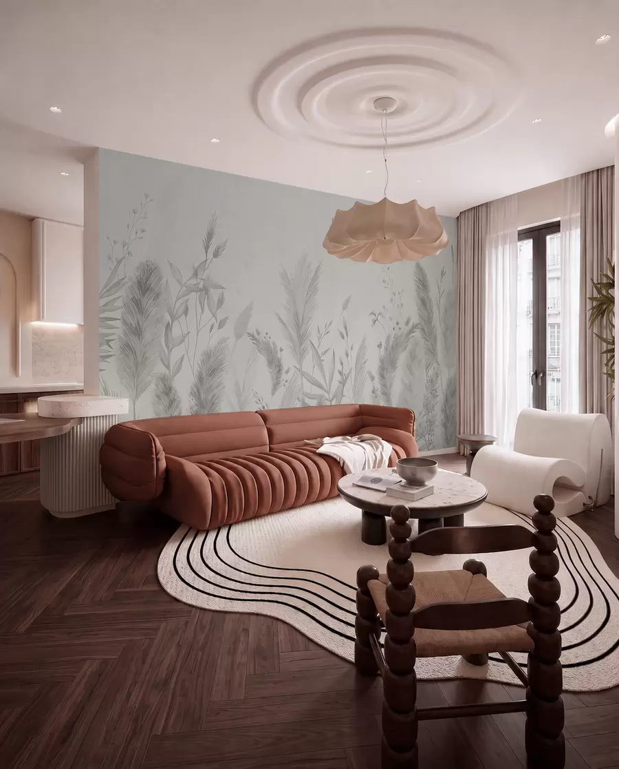murales de pared Hierbas altas y flores de colores neutros w02004