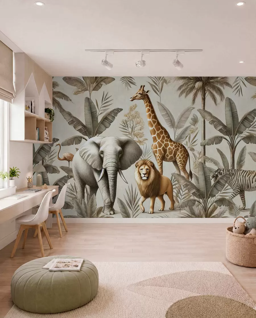 murales de pared Papel pintado infantil Safari con paisaje tropical y varios animales en elegantes colores w01956