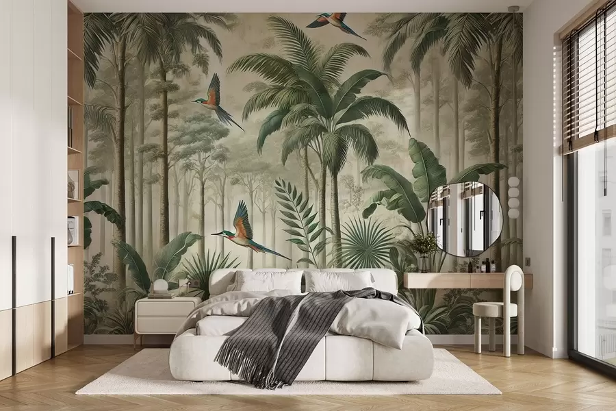 murales de pared Panorama con paisaje tropical y aves w01957