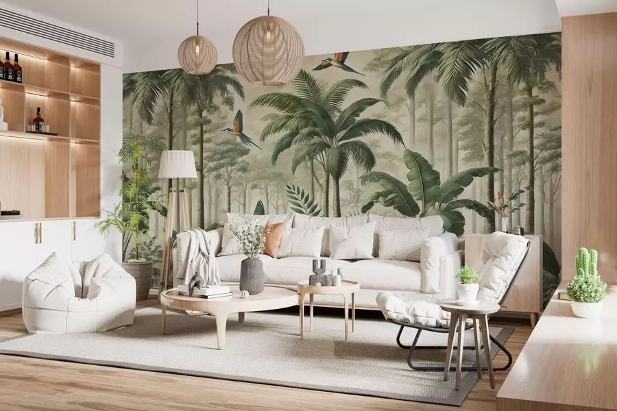 murales de pared Panorama con paisaje tropical y aves w01957