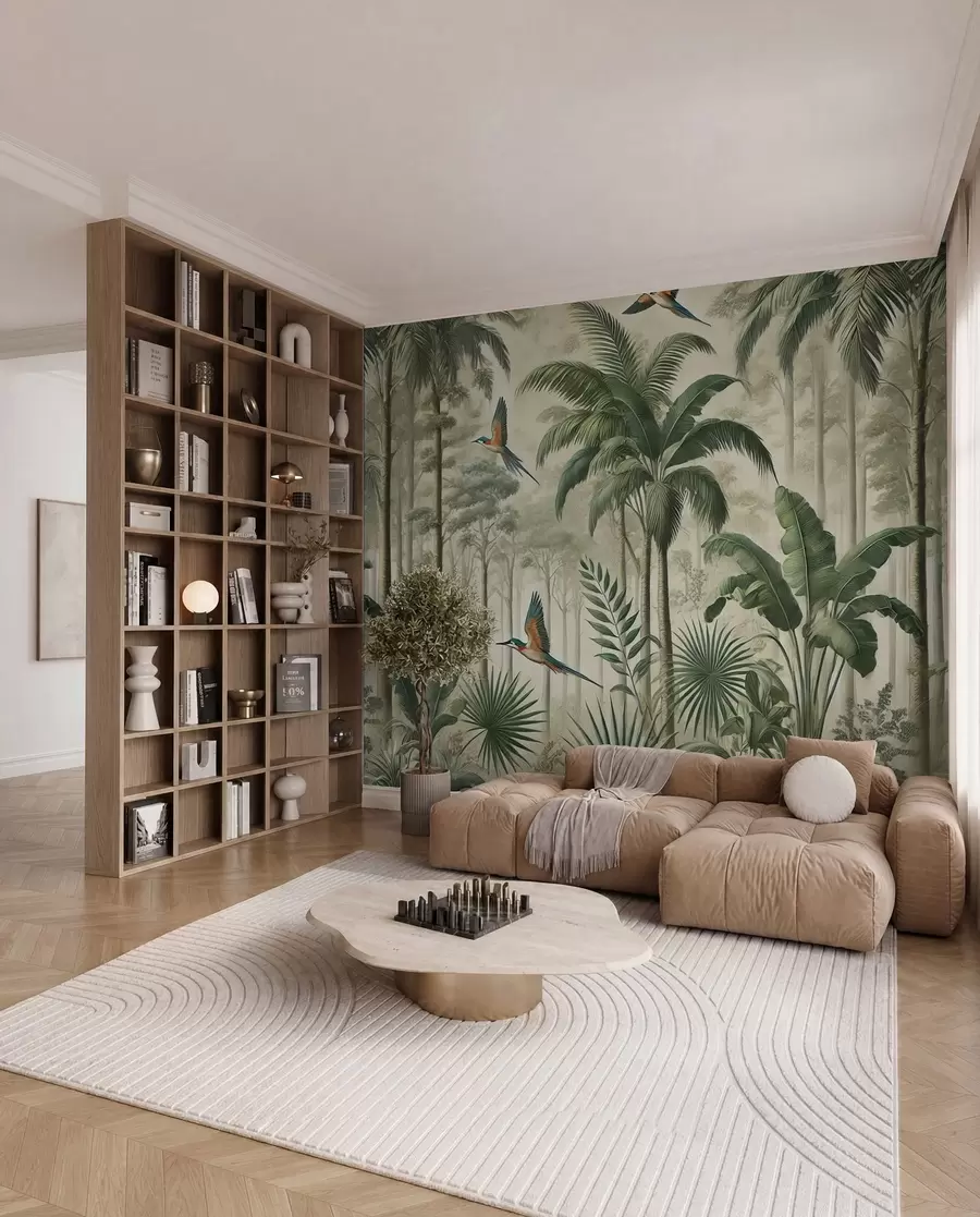 murales de pared Panorama con paisaje tropical y aves w01957
