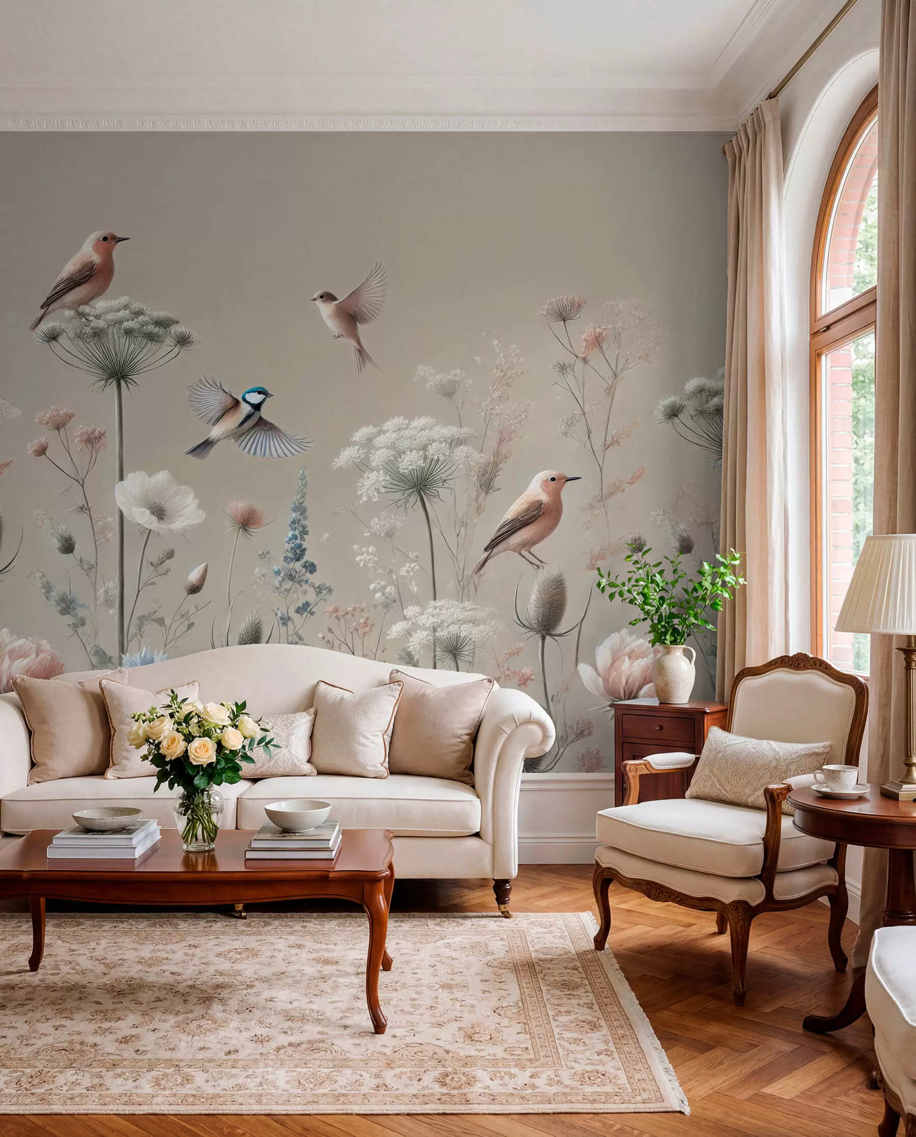 murales de pared Delicadas flores silvestres con pájaros sobre fondo beige w01958