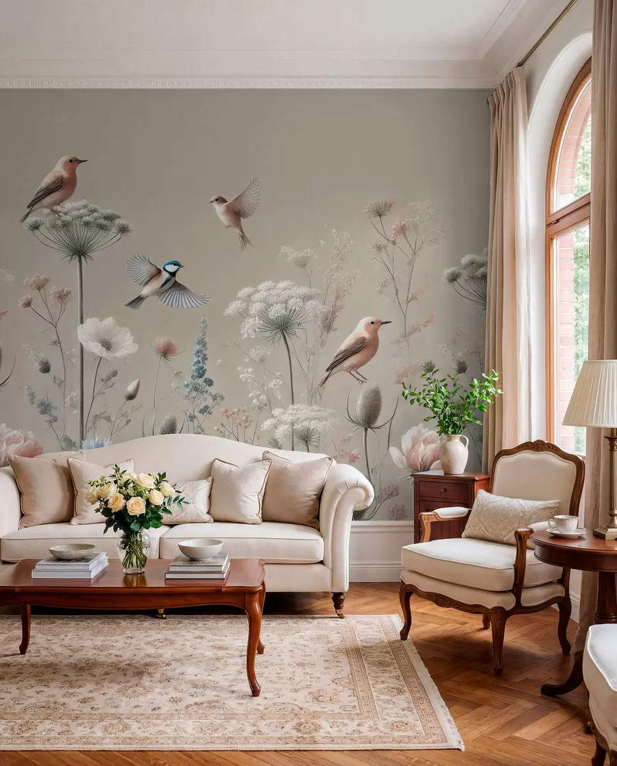murales de pared Delicadas flores silvestres con pájaros sobre fondo beige w01958