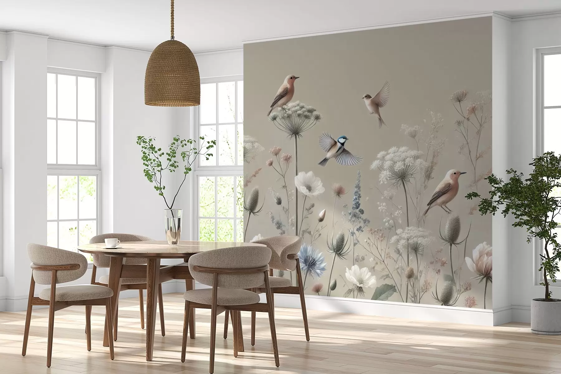 murales de pared Delicadas flores silvestres con pájaros sobre fondo beige w01958