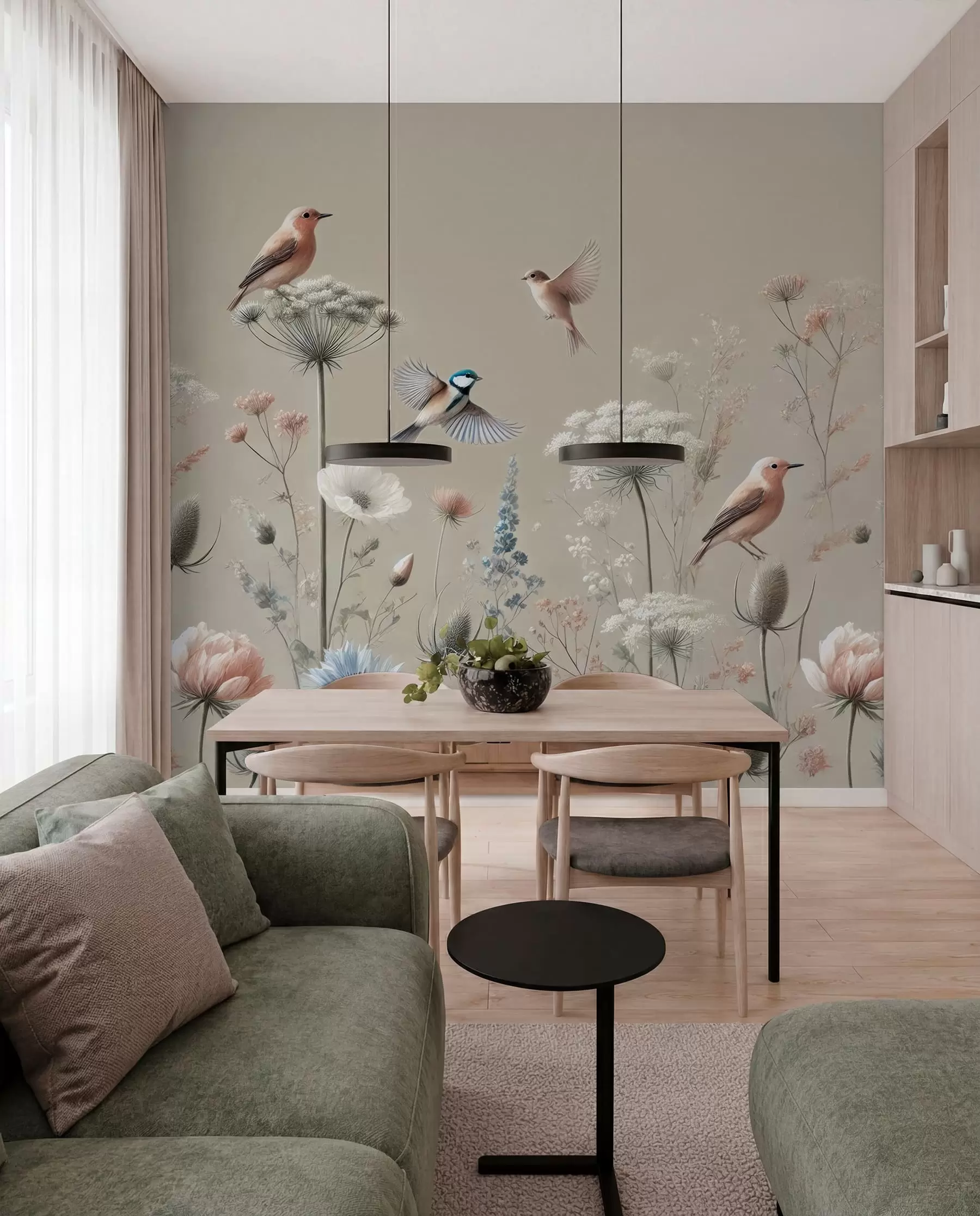 murales de pared Delicadas flores silvestres con pájaros sobre fondo beige w01958