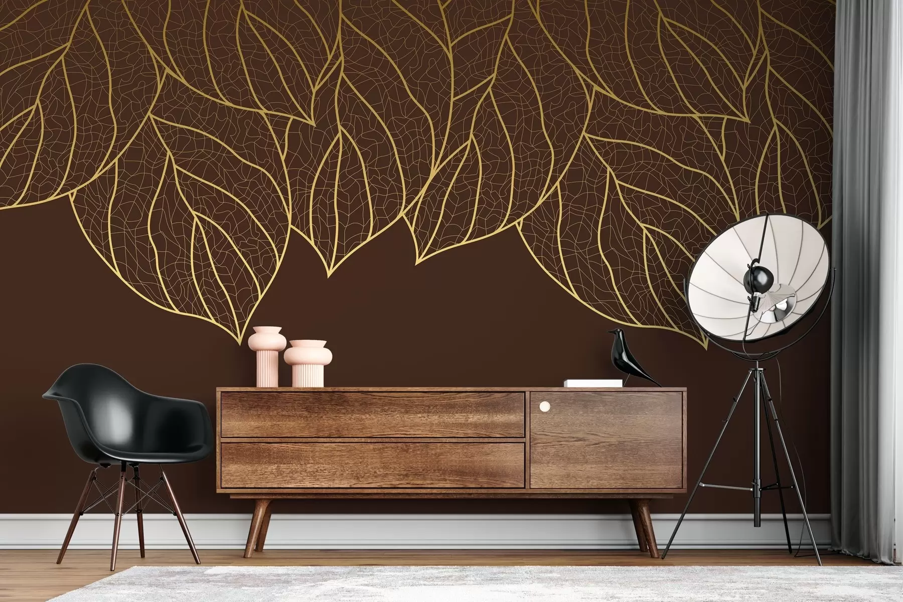 murales de pared Papel pintado minimalista con siluetas de grandes hojas amarillas veteadas sobre fondo chocolate w01960v2