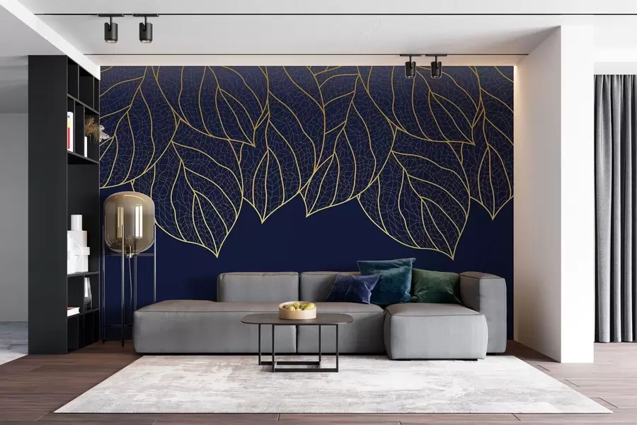 murales de pared Papel pintado minimalista siluetas de grandes hojas amarillas veteadas sobre fondo azul w01960v3