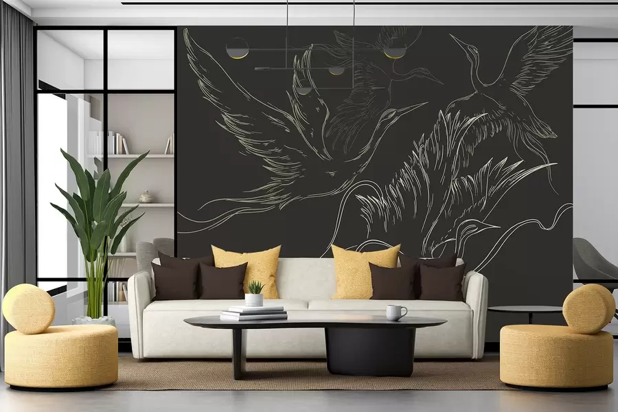 murales de pared Pájaros volando, minimalismo, arte lineal, naturaleza, fondo oscuro w02061v3