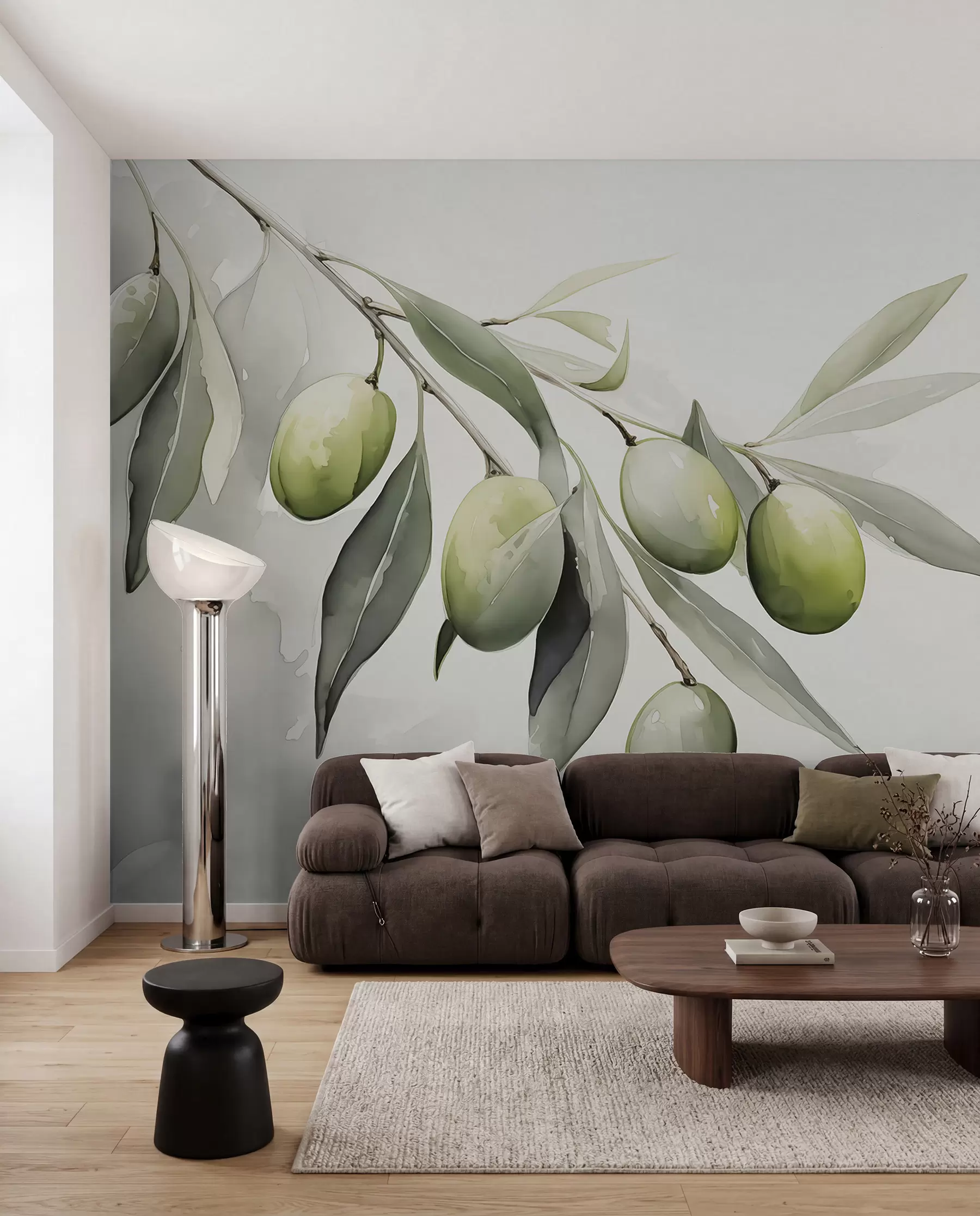 murales de pared Rama con aceitunas verdes acuarela húmeda w02042