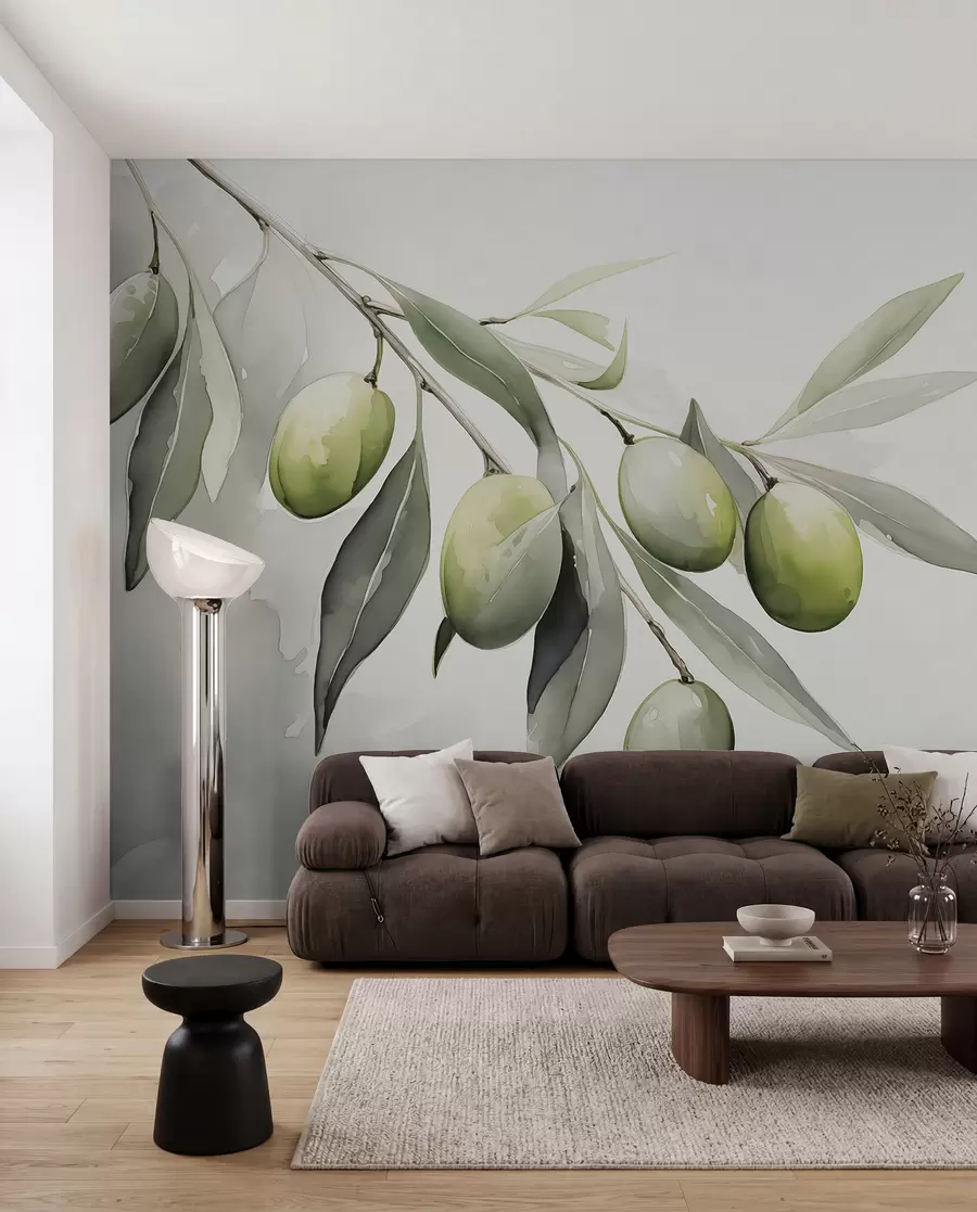 murales de pared Rama con aceitunas verdes acuarela húmeda w02042