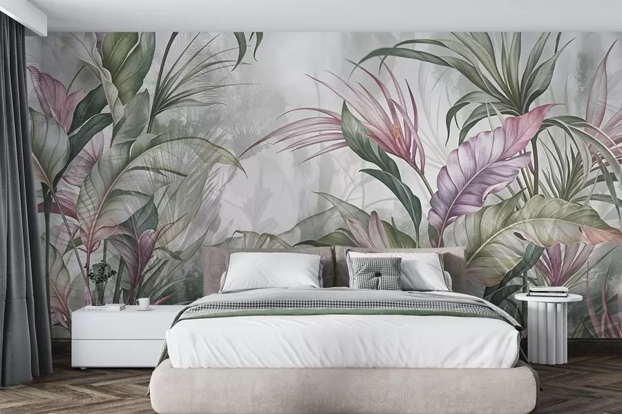 murales de pared Selva tropical con grandes hojas verdes y flores de protea rosa con fondo borroso texturizado w08375