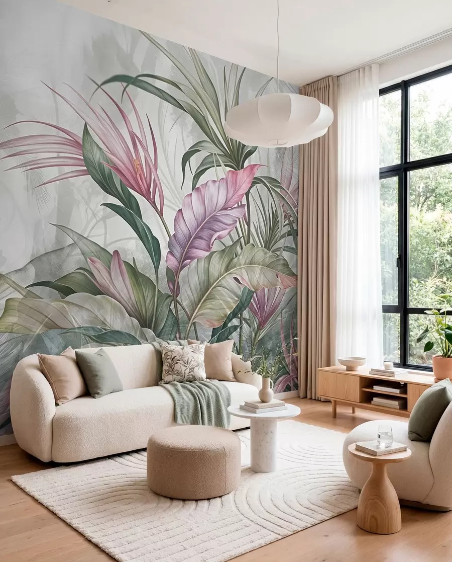murales de pared Selva tropical con grandes hojas verdes y flores de protea rosa con fondo borroso texturizado w08375