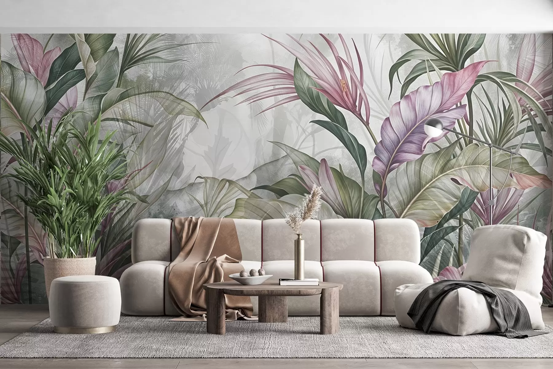 murales de pared Selva tropical con grandes hojas verdes y flores de protea rosa con fondo borroso texturizado w08375