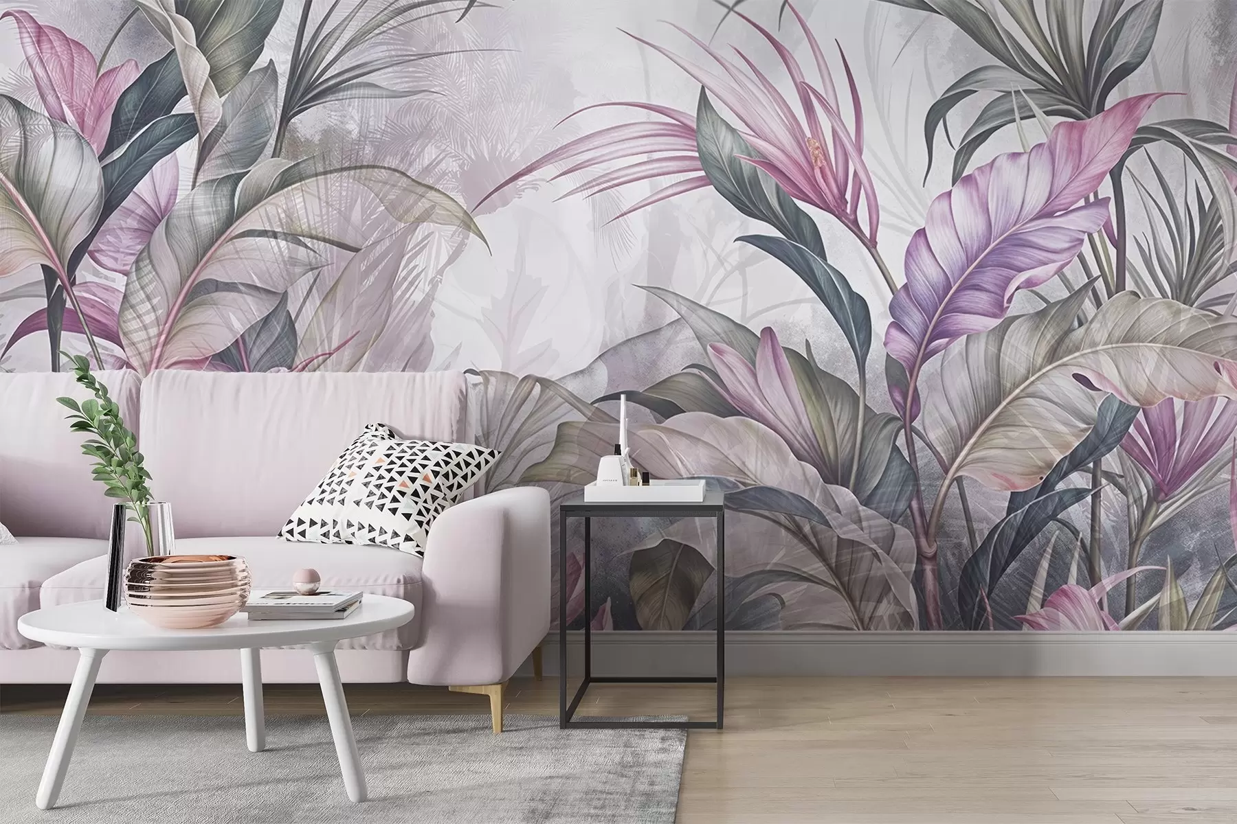 murales de pared Selva tropical con grandes hojas verdes y flores de protea rosa con fondo borroso texturizado w08375v1