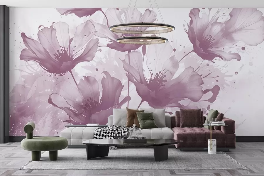 murales de pared Delicadas flores rosas con pétalos suaves y difuminados y salpicaduras de acuarela sobre un fondo claro w08376v2