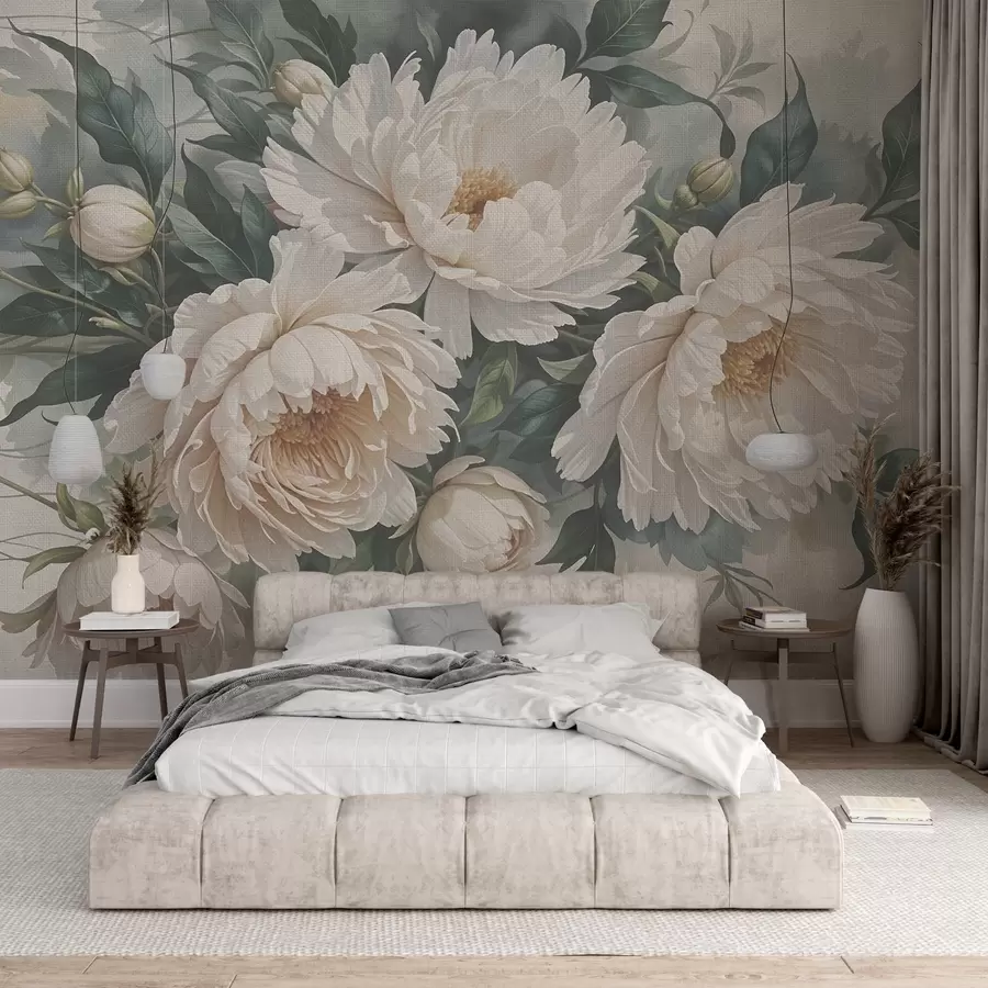 murales de pared Flores grandes de peonía blanca con textura y hojas verdes, un arreglo floral exuberante y romántico w08377