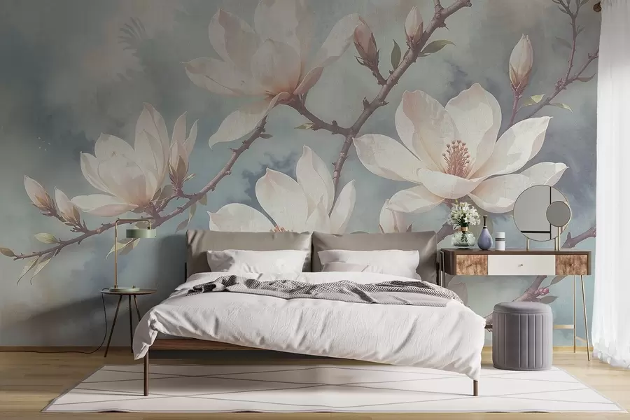 murales de pared Flores blancas de magnolia floreciendo en las ramas de los árboles sobre un fondo azul de textura suave y difuminada w08383
