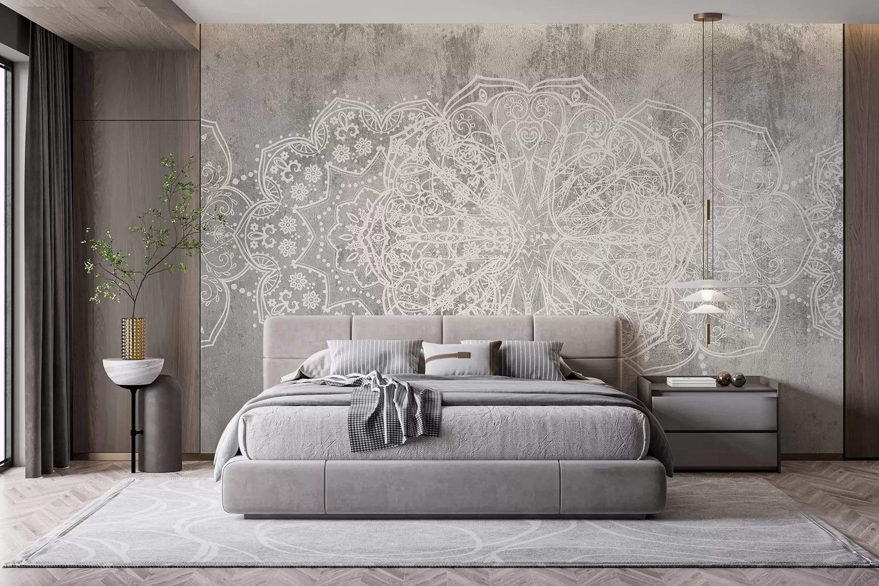 murales de pared Un detallado e intrincado patrón de mandala de encaje blanco sobre un fondo de pared gris loft texturizado w08387