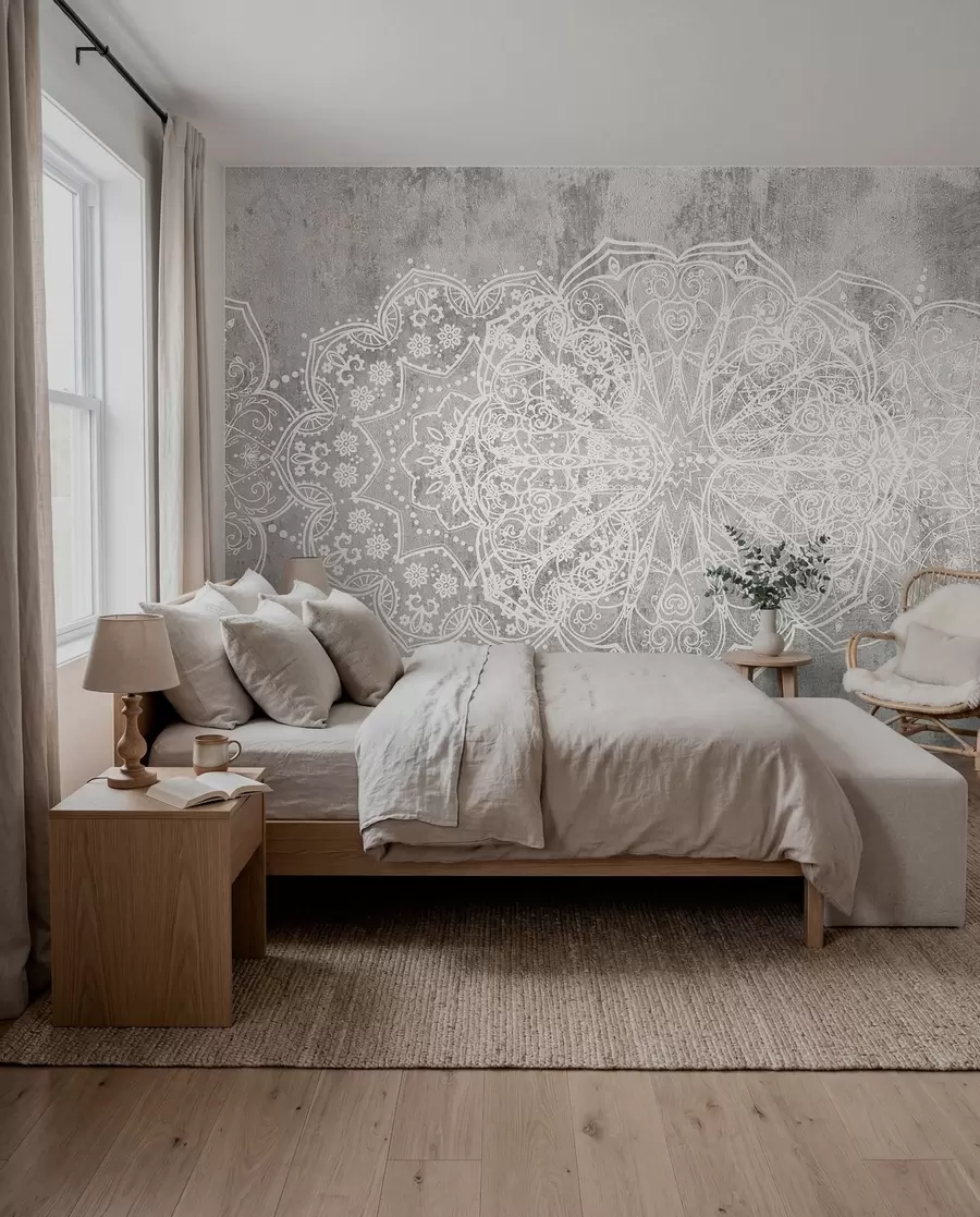 murales de pared Un detallado e intrincado patrón de mandala de encaje blanco sobre un fondo de pared gris loft texturizado w08387