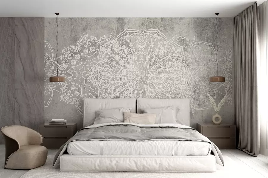 murales de pared Un detallado e intrincado patrón de mandala de encaje blanco sobre un fondo de pared gris loft texturizado w08387