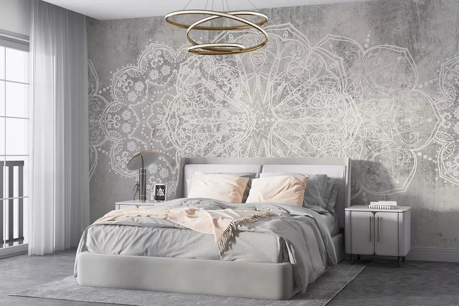 murales de pared Un detallado e intrincado patrón de mandala de encaje blanco sobre un fondo de pared gris loft texturizado w08387