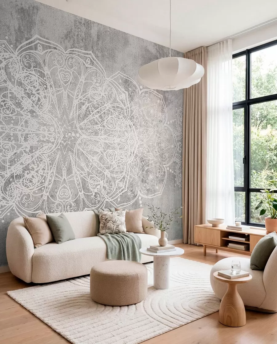 murales de pared Un detallado e intrincado patrón de mandala de encaje blanco sobre un fondo de pared gris loft texturizado w08387