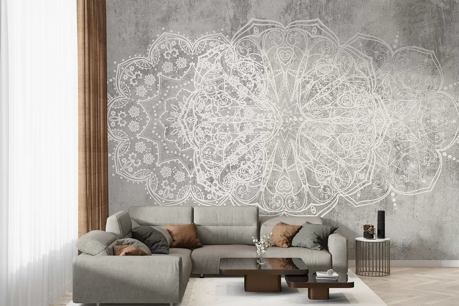 murales de pared Un detallado e intrincado patrón de mandala de encaje blanco sobre un fondo de pared gris loft texturizado w08387