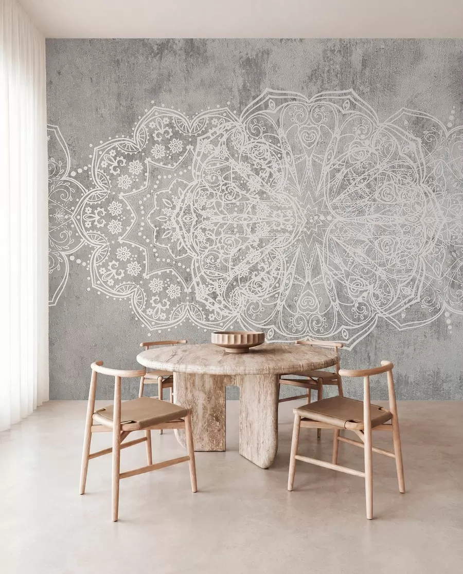 murales de pared Un detallado e intrincado patrón de mandala de encaje blanco sobre un fondo de pared gris loft texturizado w08387