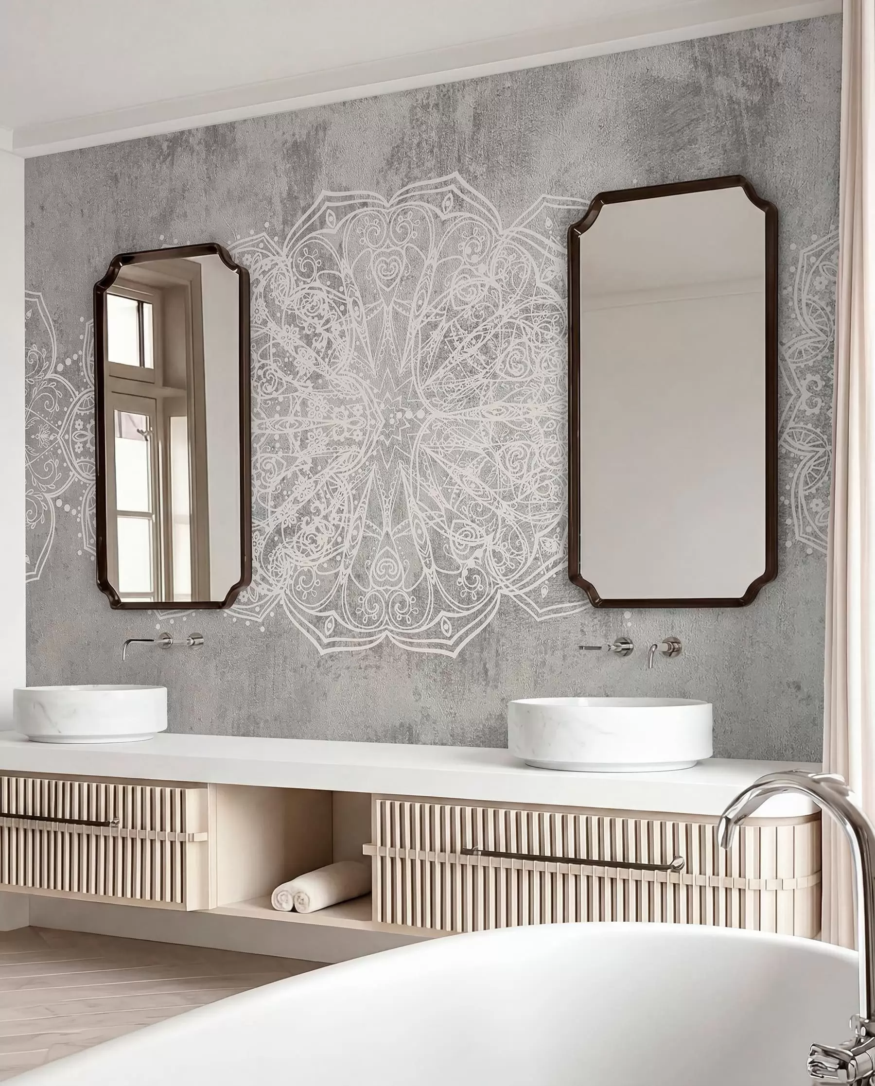 murales de pared Un detallado e intrincado patrón de mandala de encaje blanco sobre un fondo de pared gris loft texturizado w08387