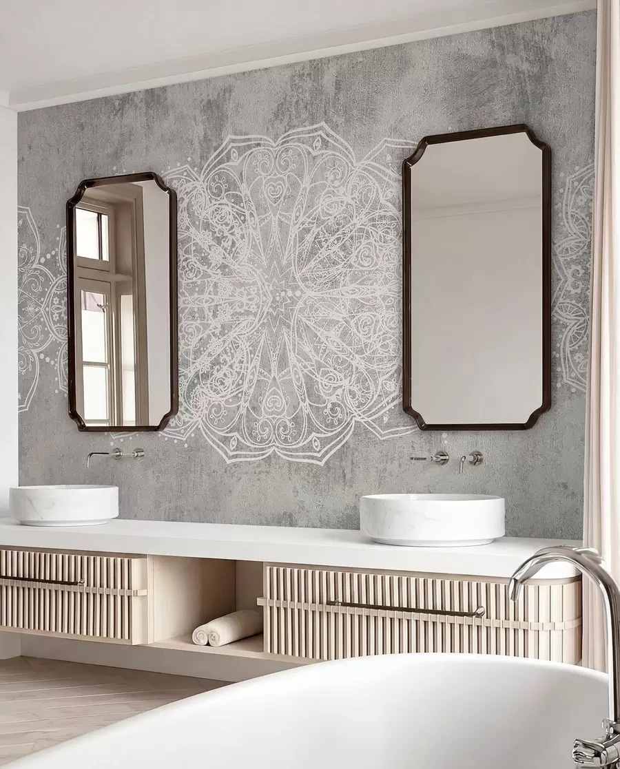 murales de pared Un detallado e intrincado patrón de mandala de encaje blanco sobre un fondo de pared gris loft texturizado w08387