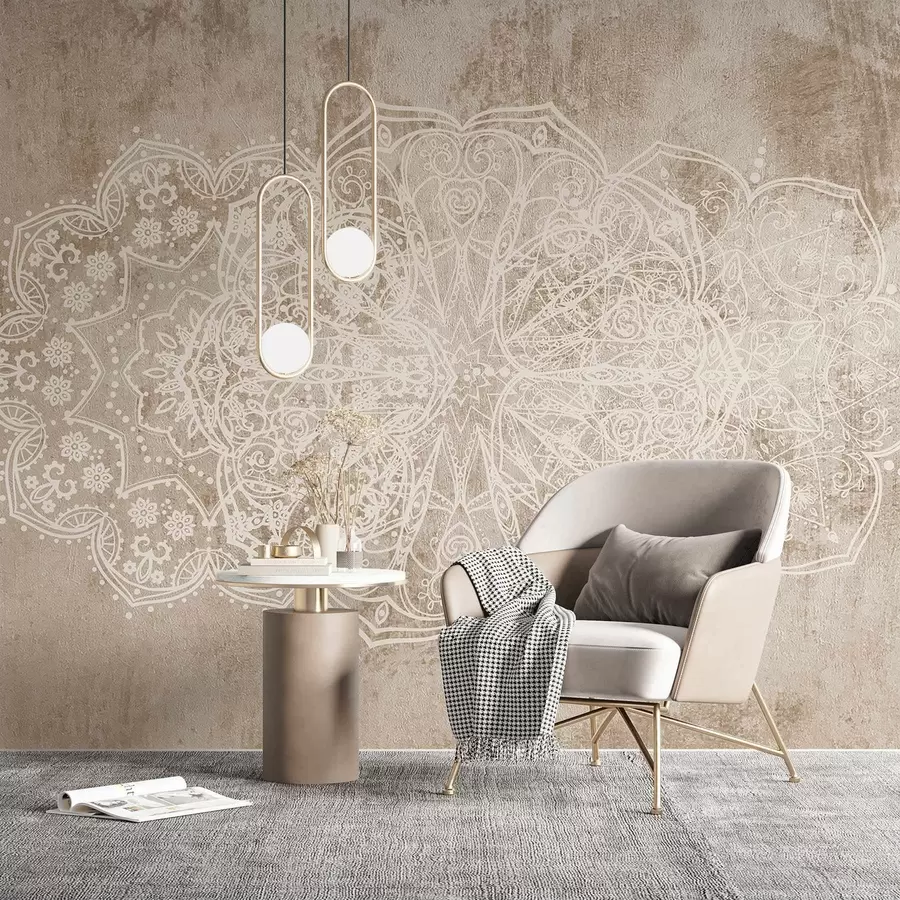 murales de pared Un detallado e intrincado dibujo de mandala de encaje blanco sobre un fondo de pared de color marrón beige con textura de loft w08387v1