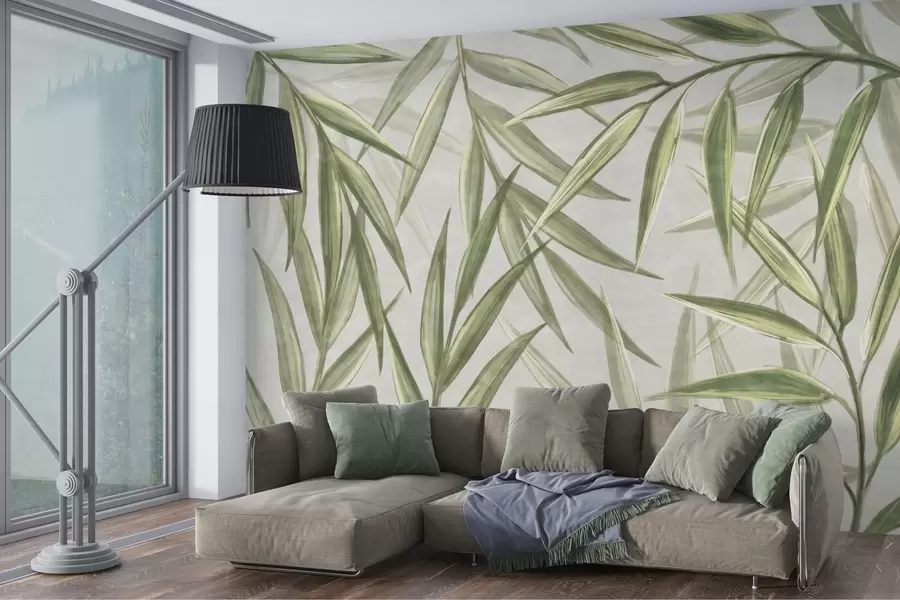 murales de pared Hojas exuberantes en suaves tonos de acuarela w00236