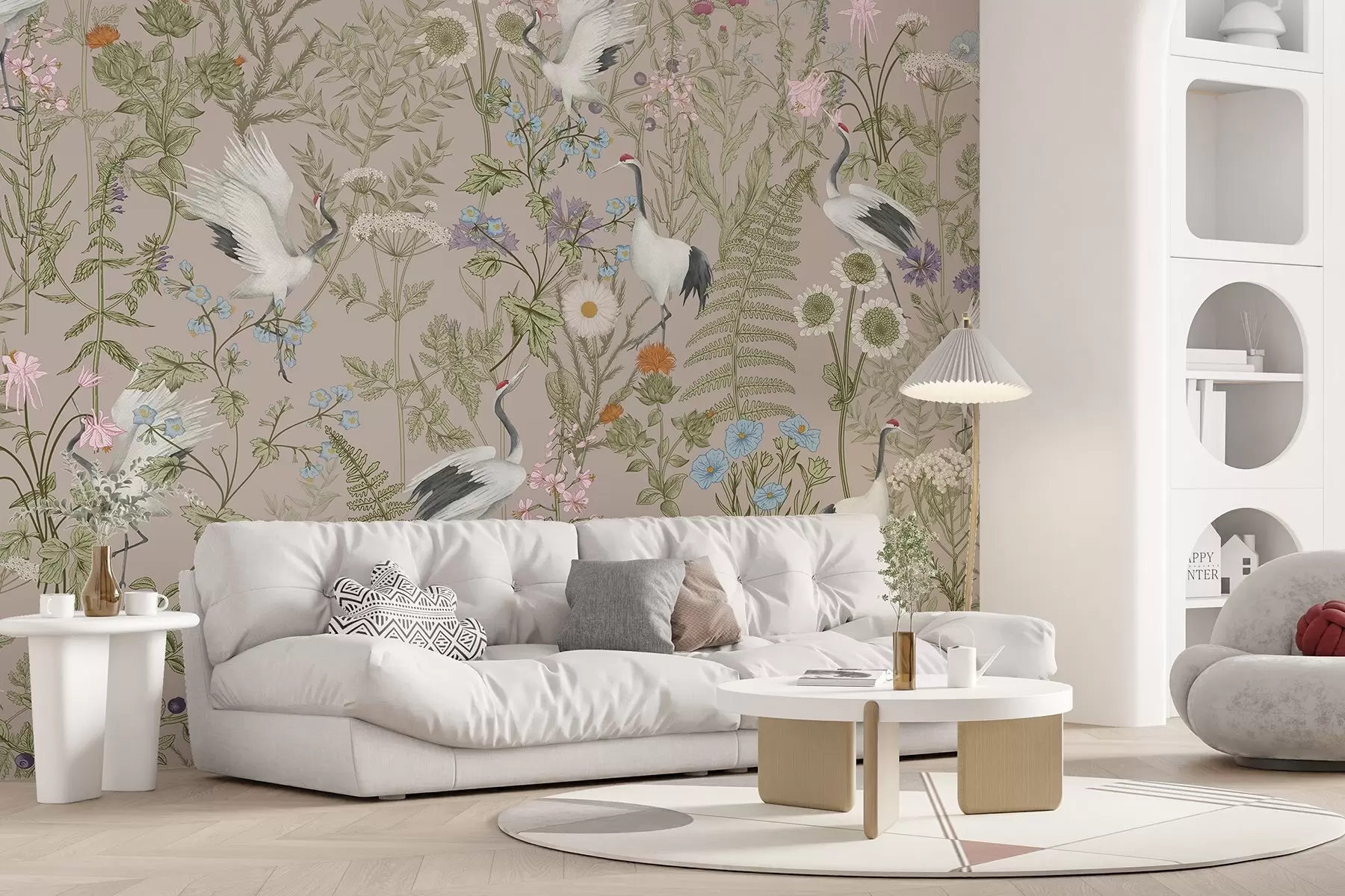 murales de pared Elegantes grullas entre flores vibrantes w00380