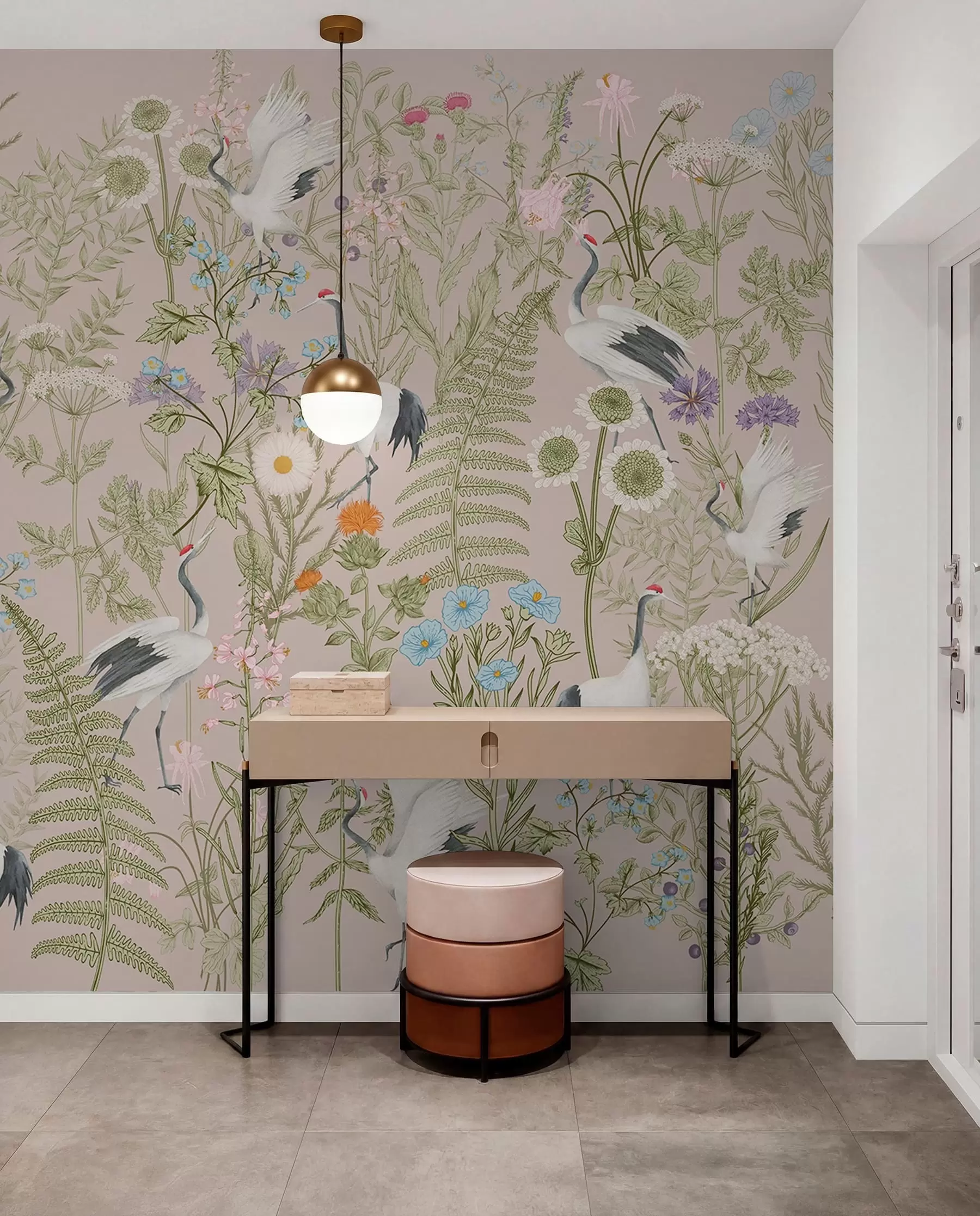 murales de pared Elegantes grullas entre flores vibrantes w00380