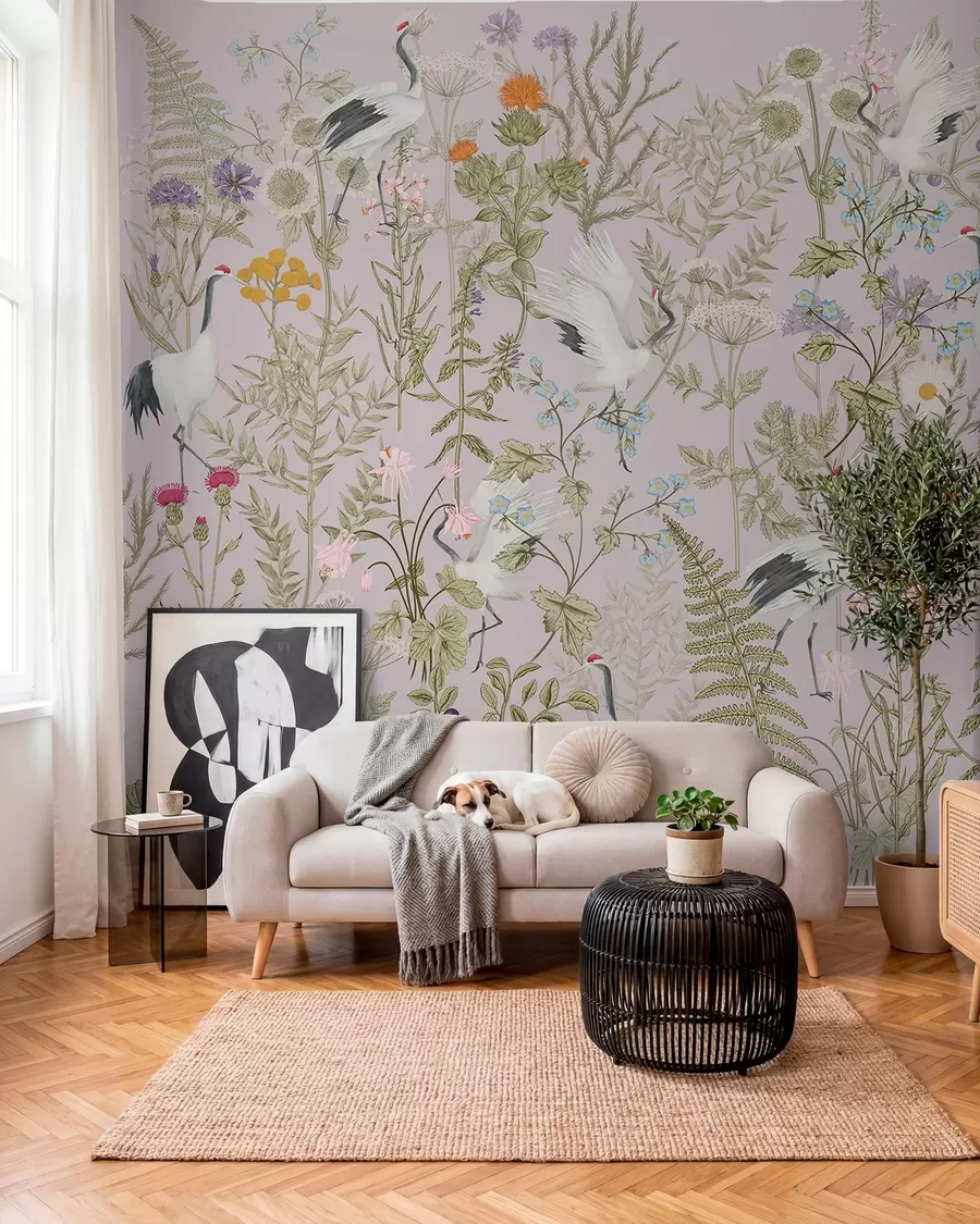 murales de pared Elegantes grullas entre flores vibrantes w00380v3