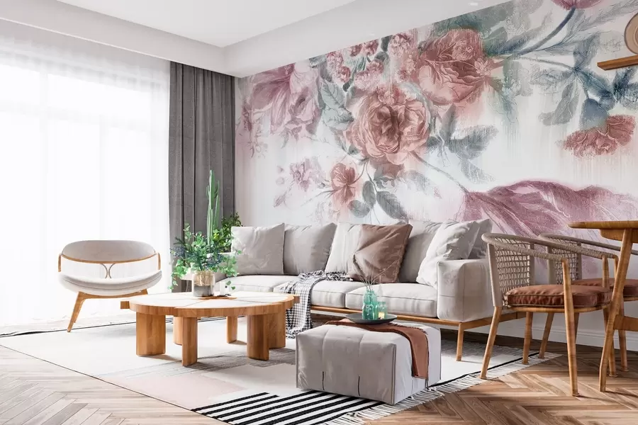 murales de pared Delicado diseño de arreglo floral en tonos pastel w00389