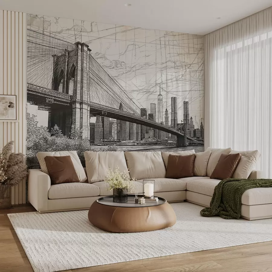 murales de pared Panorama del puente de Brooklyn realizado con una técnica retro abocetada con líneas y arañazos w01961