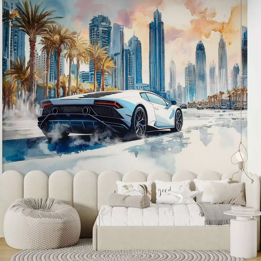 murales de pared Un moderno coche deportivo blanco corriendo sobre un fondo de palmeras y rascacielos en técnica de acuarela libre w01963