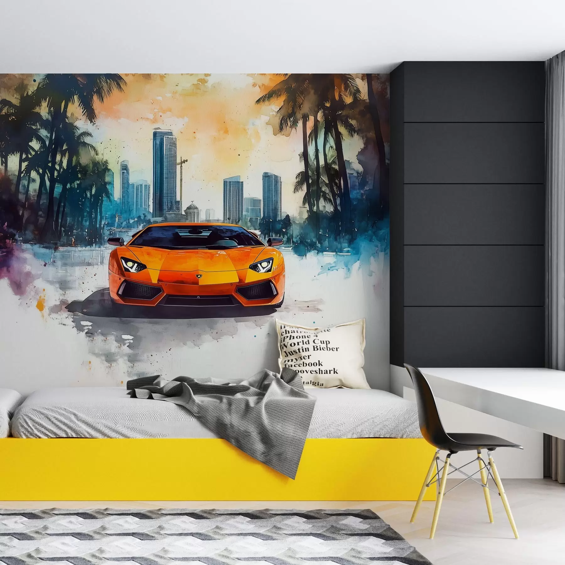 murales de pared Brillante coche deportivo moderno sobre el fondo de palmeras y rascacielos en técnica de acuarela a la prima w01964