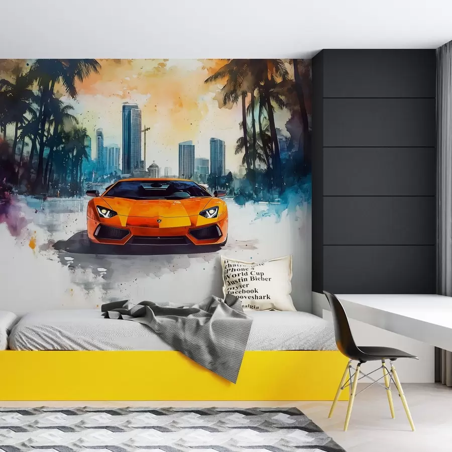 murales de pared Brillante coche deportivo moderno sobre el fondo de palmeras y rascacielos en técnica de acuarela a la prima w01964