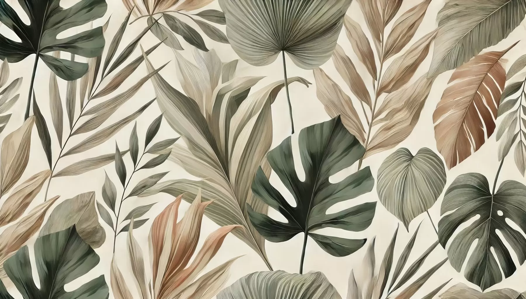 murales de pared Grandes hojas tropicales en delicados y sobrios tonos pastel w02082