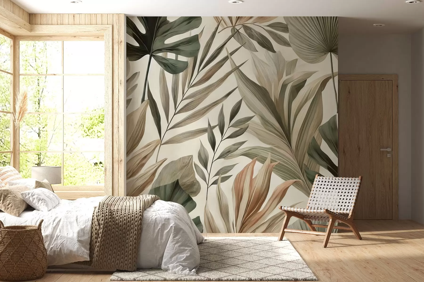 murales de pared Grandes hojas tropicales en delicados y sobrios tonos pastel w02082