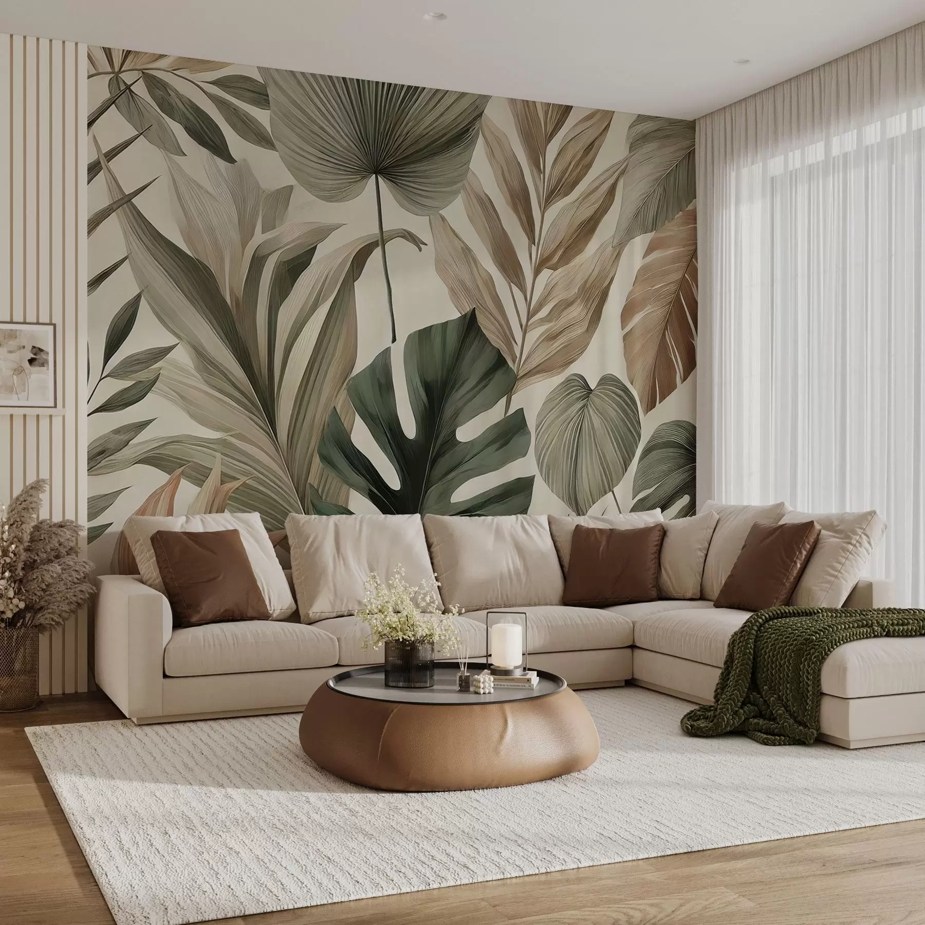 murales de pared Grandes hojas tropicales en delicados y sobrios tonos pastel w02082