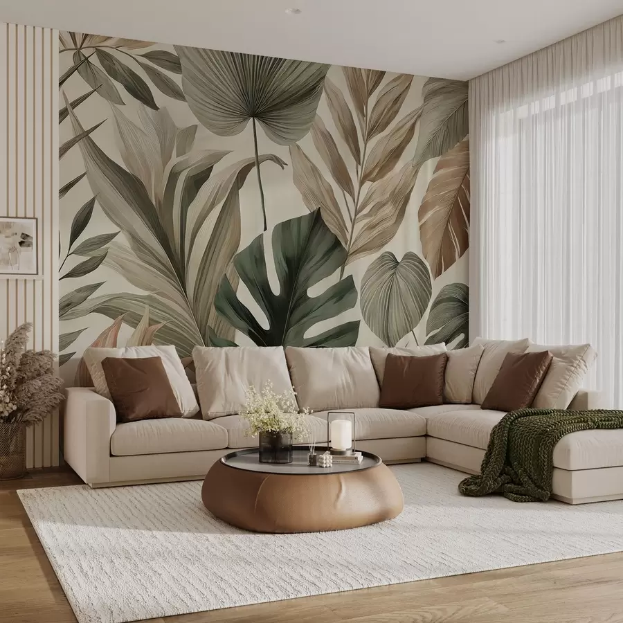 murales de pared Grandes hojas tropicales en delicados y sobrios tonos pastel w02082